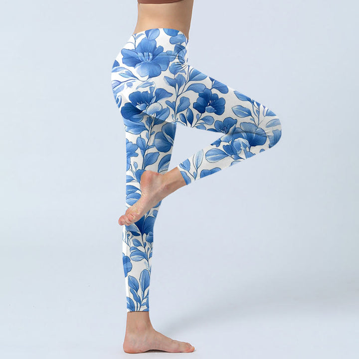 Buddha Stones Blau Blumen Print Fitness Leggings Damen Yogahose