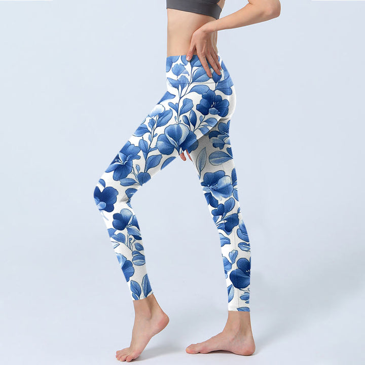 Buddha Stones Blau Blumen Print Fitness Leggings Damen Yogahose