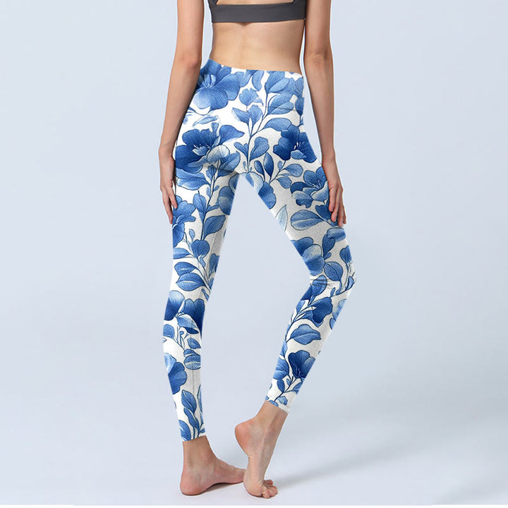 Buddha Stones Blau Blumen Print Fitness Leggings Damen Yogahose