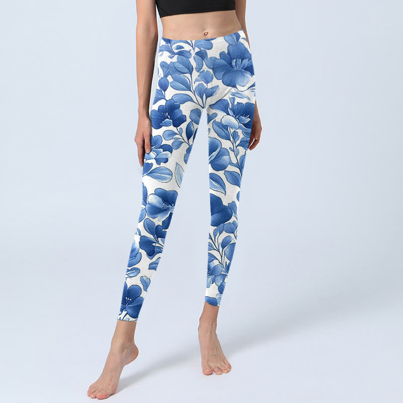 Buddha Stones Blau Blumen Print Fitness Leggings Damen Yogahose