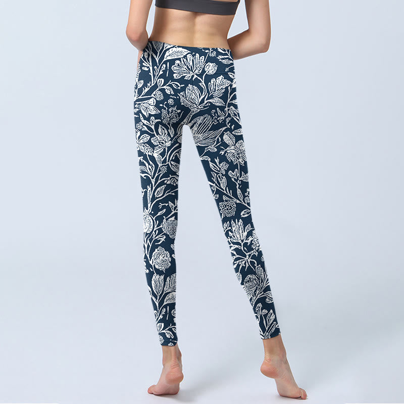 Buddha Stones Dunkelblau Blumendruck Fitness Leggings Damen Yogahose