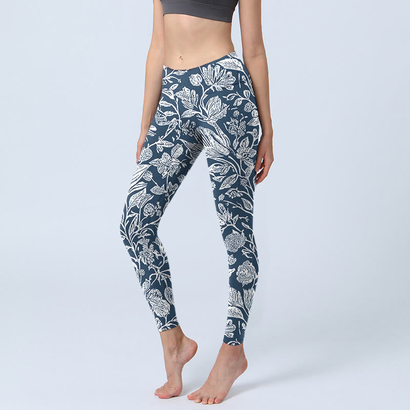 Buddha Stones Dunkelblau Blumendruck Fitness Leggings Damen Yogahose - Stahlblau - US18， UK/AU22，EU50 (4XL) - image 1