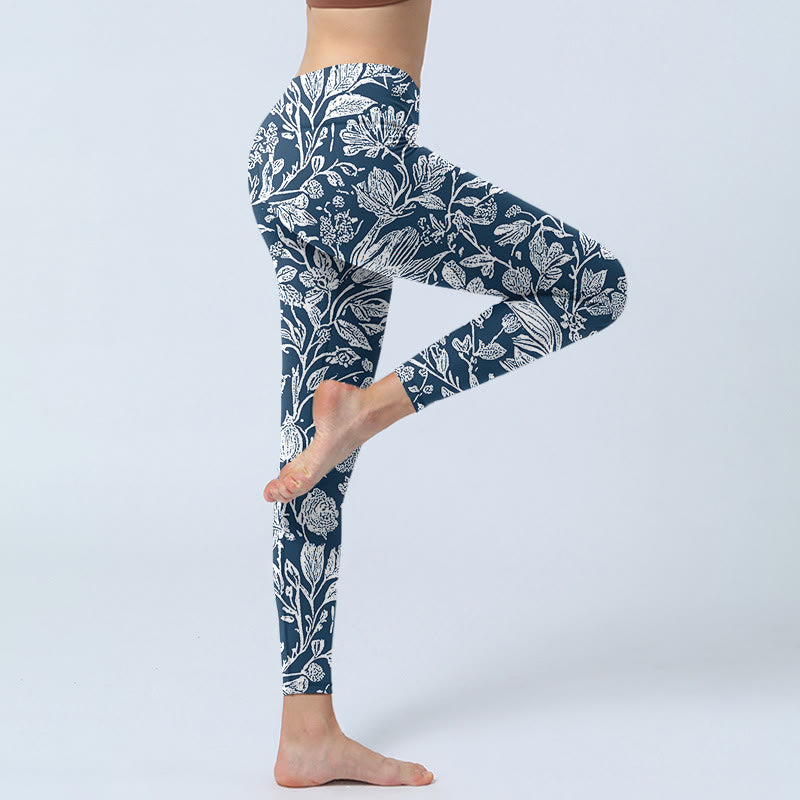 Buddha Stones Dunkelblau Blumendruck Fitness Leggings Damen Yogahose