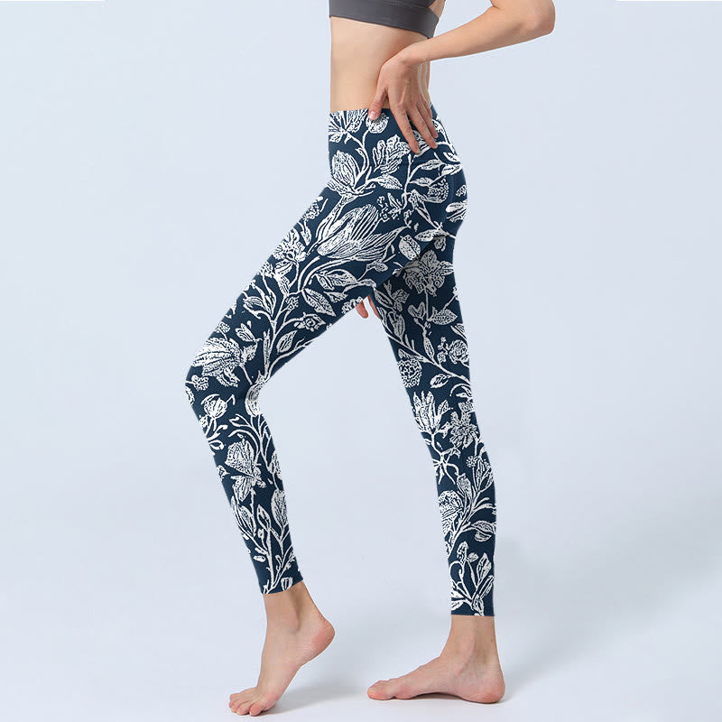 Buddha Stones Dunkelblau Blumendruck Fitness Leggings Damen Yogahose