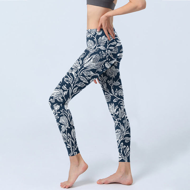 Buddha Stones Dunkelblau Blumendruck Fitness Leggings Damen Yogahose