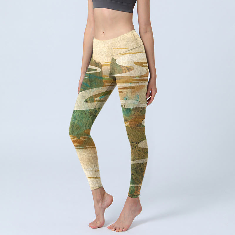Buddha Stones ​​Grüne Berge Wolken Nebel Druck Fitness Leggings frauen Yoga Hosen - ZitroneChiffon - US18， UK/AU22，EU50 (4XL) - image 1