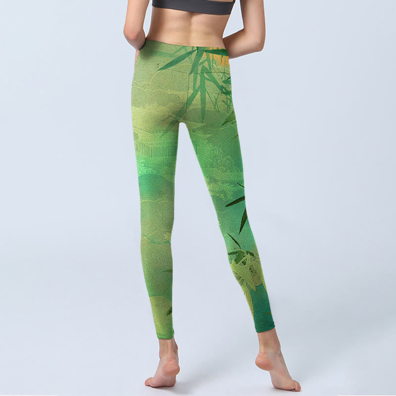 Buddha Stones Grüne Bambus Pavillon Print Gym Leggings Damen Yoga Hose