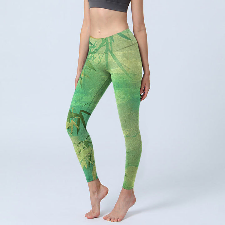 Buddha Stones Grüne Bambus Pavillon Print Gym Leggings Damen Yoga Hose