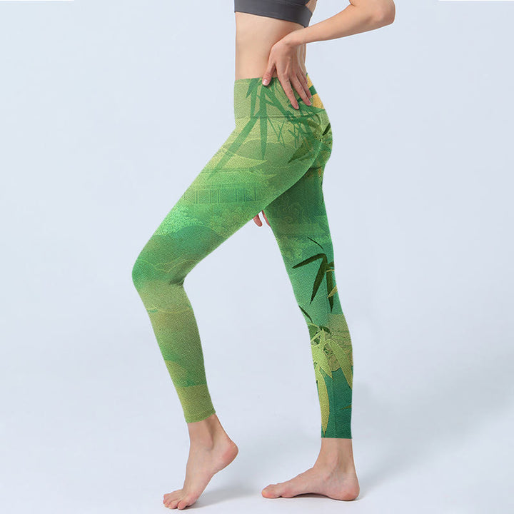 Buddha Stones Grüne Bambus Pavillon Print Gym Leggings Damen Yoga Hose - image 4