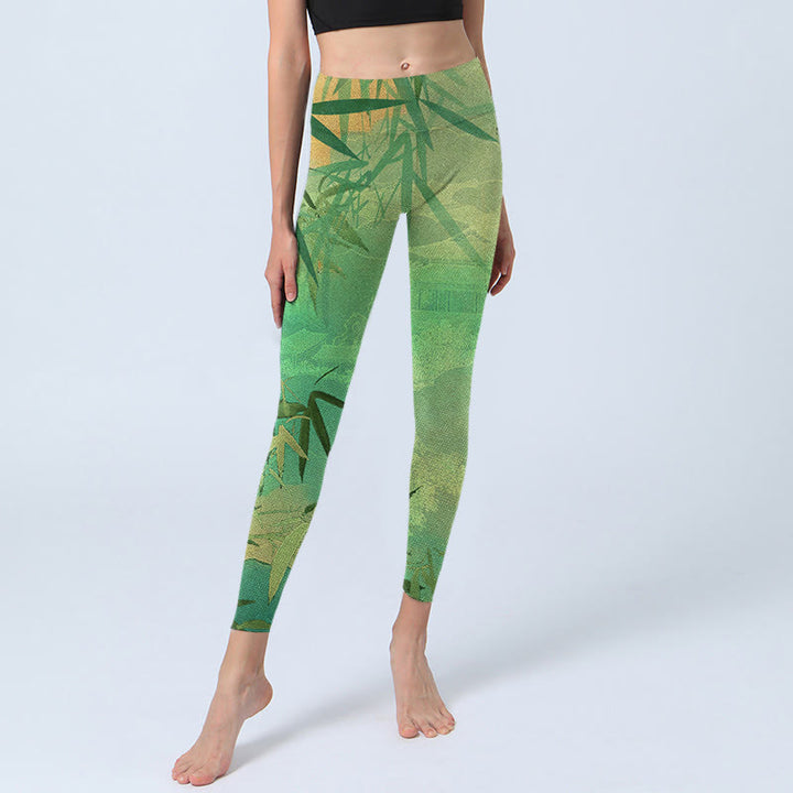 Buddha Stones Grüne Bambus Pavillon Print Gym Leggings Damen Yoga Hose