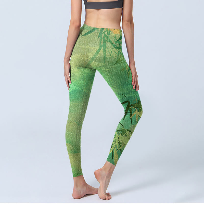 Buddha Stones Grüne Bambus Pavillon Print Gym Leggings Damen Yoga Hose - image 5