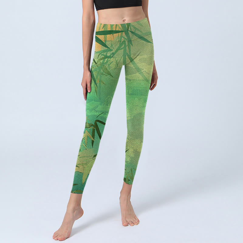 Buddha Stones Grüne Bambus Pavillon Print Gym Leggings Damen Yoga Hose - image 7