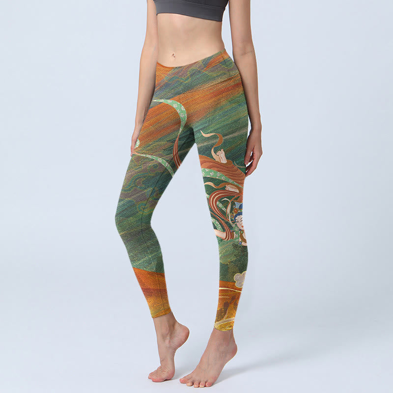 Buddha Stones ​​Dunhuang fliegende Apsaras Druck Gym Leggings Frauen Yoga Hosen - Olivgrün - US18， UK/AU22，EU50 (4XL) - image 1