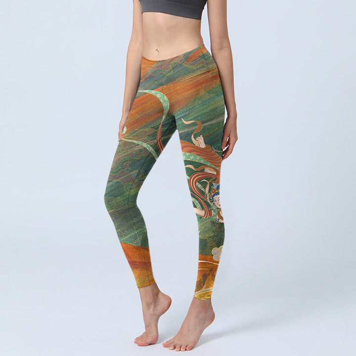 Buddha Stones ​​Dunhuang fliegende Apsaras Druck Gym Leggings Frauen Yoga Hosen - Olivgrün - US18， UK/AU22，EU50 (4XL) - image 1