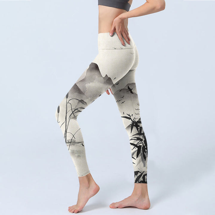 Buddha Stones Tinte Bambus Berge Druck Gym Leggings Frauen Yoga Hosen