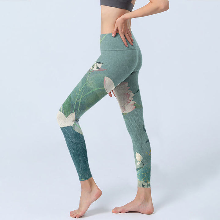 Buddha Stones Lotusblatt Vogel Druck Gym Leggings Damen Yoga Hose