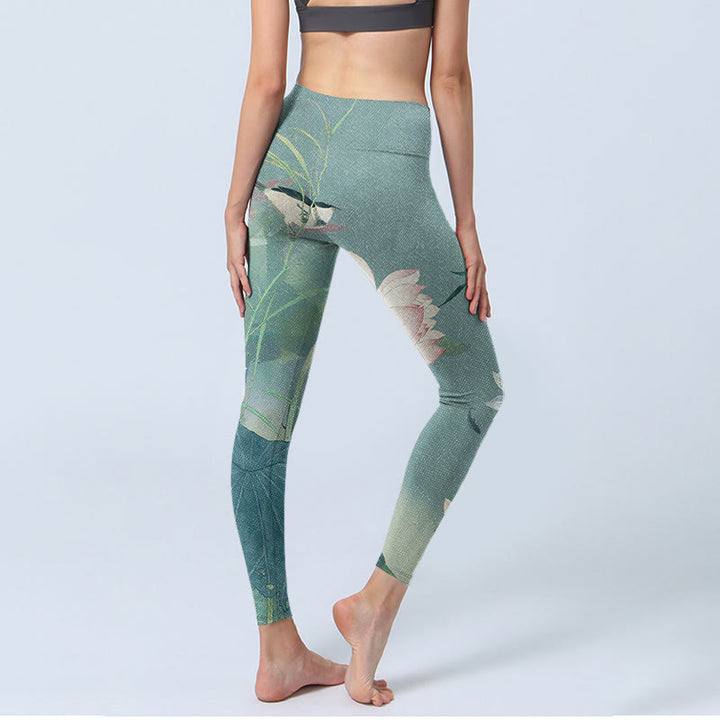 Buddha Stones Lotusblatt Vogel Druck Gym Leggings Damen Yoga Hose