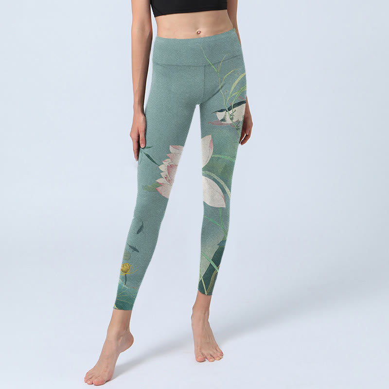 Buddha Stones Lotusblatt Vogel Druck Gym Leggings Damen Yoga Hose