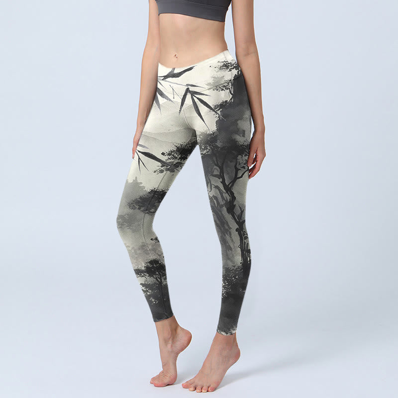 Buddha Stones Tinte Bambus Kiefer Berge Druck Gym Leggings Frauen Yoga Hosen - Hellgrau - US18， UK/AU22，EU50 (4XL) - image 1
