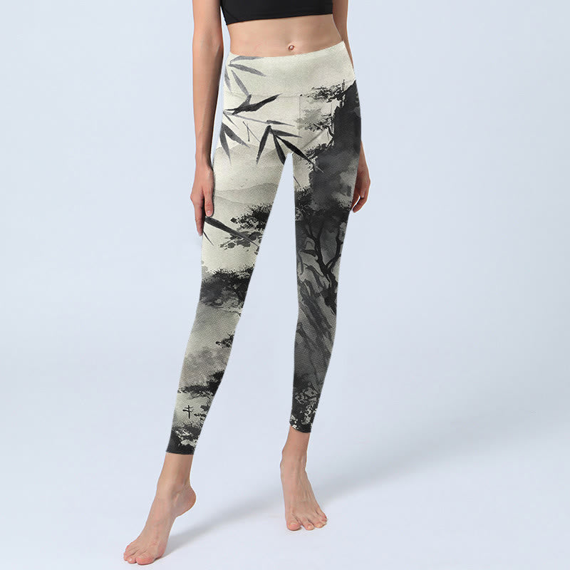 Buddha Stones Tinte Bambus Kiefer Berge Druck Gym Leggings Frauen Yoga Hosen