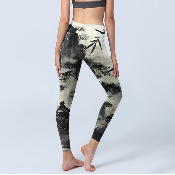 Buddha Stones Tinte Bambus Kiefer Berge Druck Gym Leggings Frauen Yoga Hosen