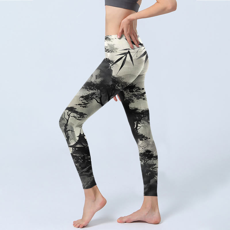 Buddha Stones Tinte Bambus Kiefer Berge Druck Gym Leggings Frauen Yoga Hosen