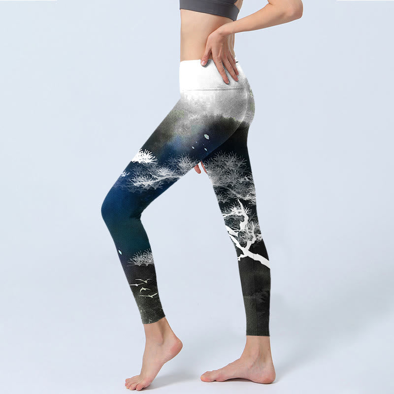 Buddha Stones, Tuschemalerei, Kiefernbaum-Druck, Gym-Leggings, Damen-Yogahose