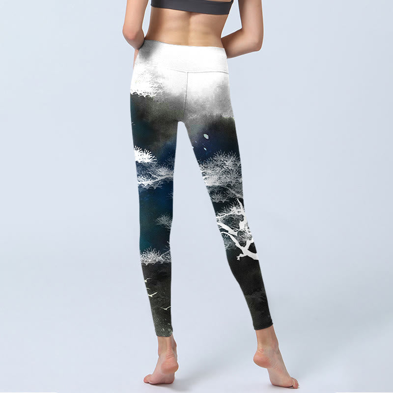 Buddha Stones, Tuschemalerei, Kiefernbaum-Druck, Gym-Leggings, Damen-Yogahose