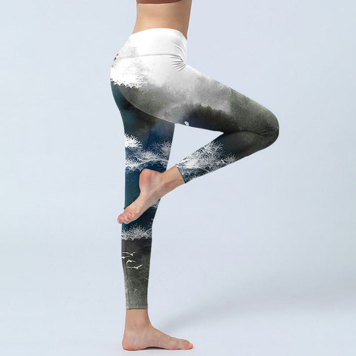 Buddha Stones, Tuschemalerei, Kiefernbaum-Druck, Gym-Leggings, Damen-Yogahose