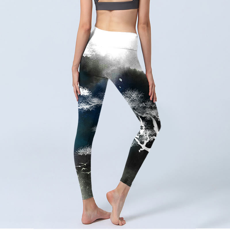 Buddha Stones, Tuschemalerei, Kiefernbaum-Druck, Gym-Leggings, Damen-Yogahose