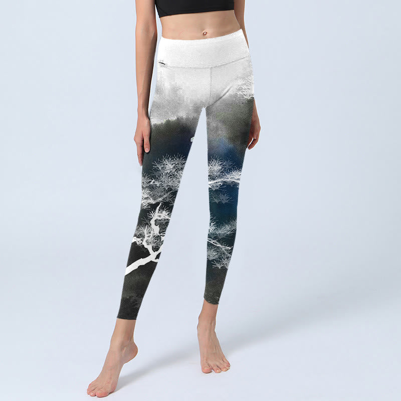 Buddha Stones, Tuschemalerei, Kiefernbaum-Druck, Gym-Leggings, Damen-Yogahose