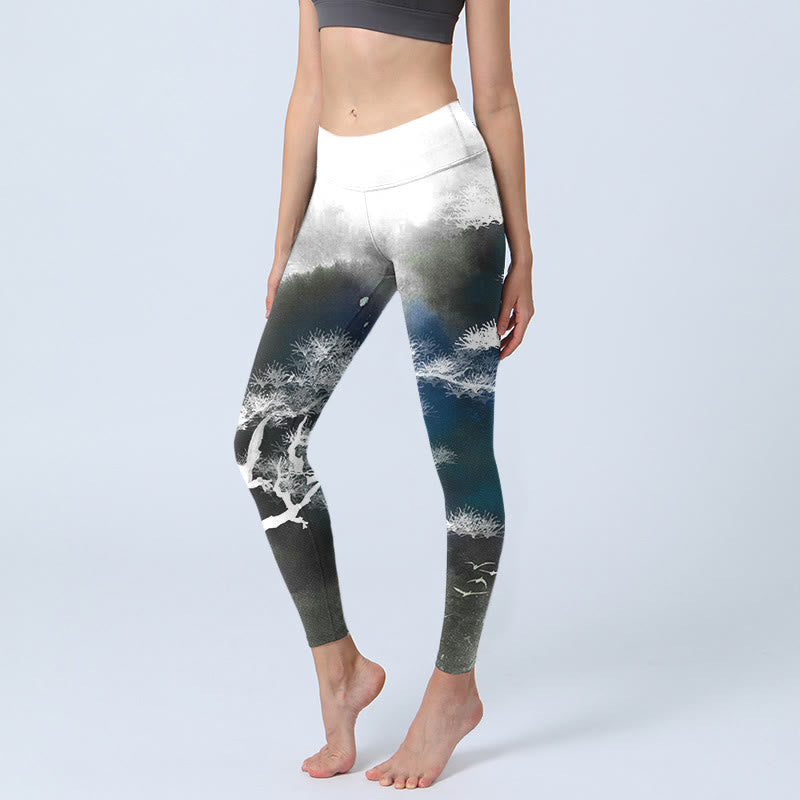 Buddha Stones, Tuschemalerei, Kiefernbaum-Druck, Gym-Leggings, Damen-Yogahose - Grau - US18, UK/AU22, EU50 (4XL) - image 0