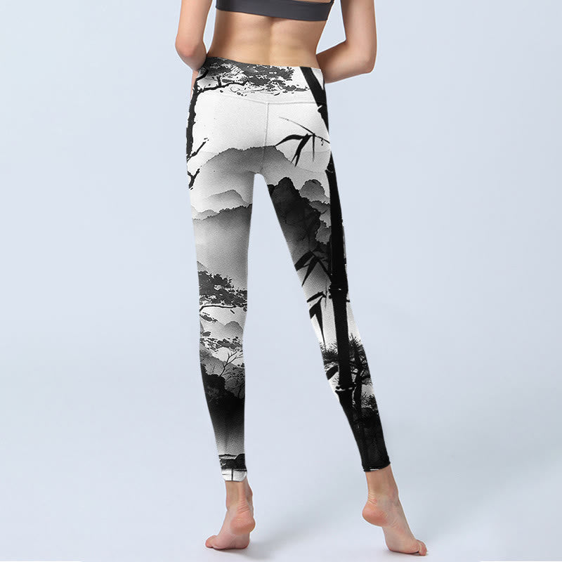 Buddha Stones, Tuschmalerei, Bambus, Kiefer, Berglandschaft, Druck, Gymnastik-Leggings, Damen-Yogahose - image 6