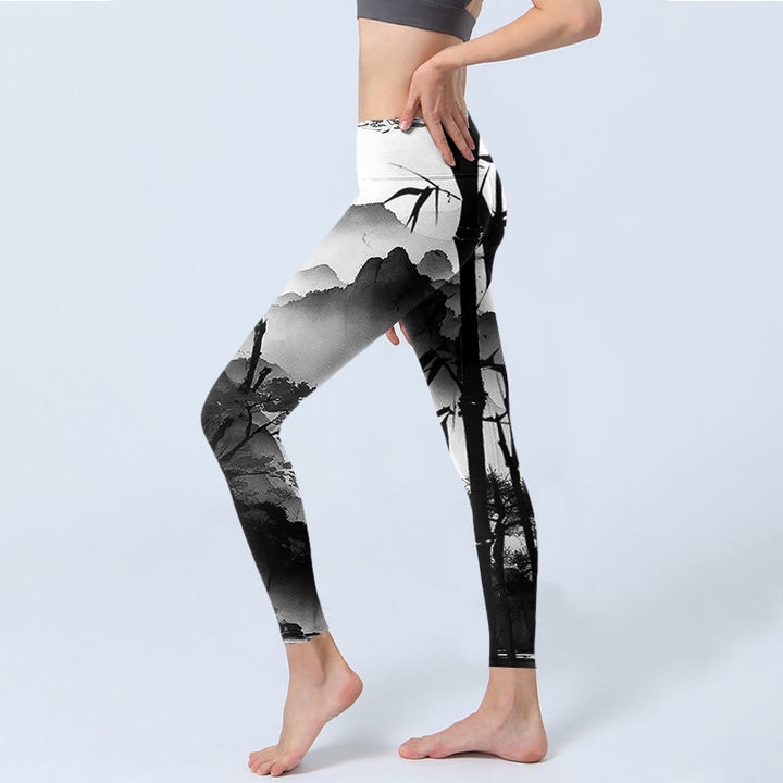 Buddha Stones, Tuschmalerei, Bambus, Kiefer, Berglandschaft, Druck, Gymnastik-Leggings, Damen-Yogahose - image 2