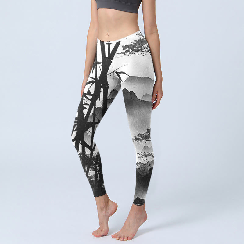 Buddha Stones, Tuschmalerei, Bambus, Kiefer, Berglandschaft, Druck, Gymnastik-Leggings, Damen-Yogahose - Dunkelgrau - US18, UK/AU22, EU50 (4XL) - image 0