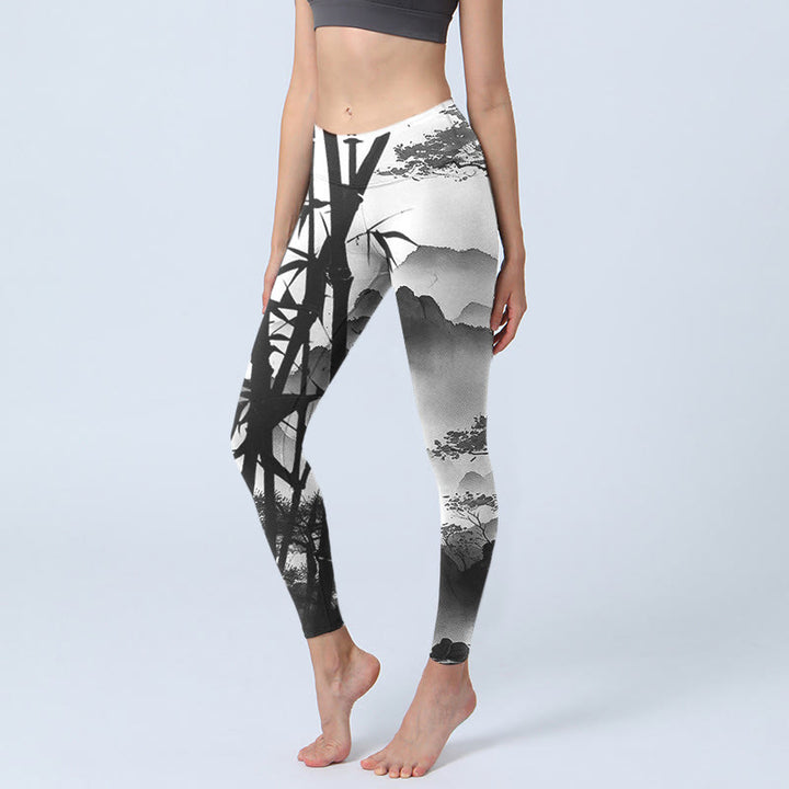 Buddha Stones, Tuschmalerei, Bambus, Kiefer, Berglandschaft, Druck, Gymnastik-Leggings, Damen-Yogahose - Dunkelgrau - US18, UK/AU22, EU50 (4XL) - image 0