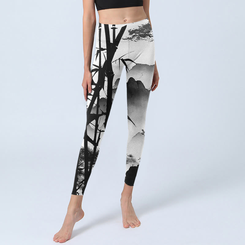 Buddha Stones, Tuschmalerei, Bambus, Kiefer, Berglandschaft, Druck, Gymnastik-Leggings, Damen-Yogahose - image 5