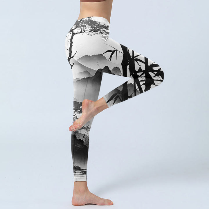 Buddha Stones, Tuschmalerei, Bambus, Kiefer, Berglandschaft, Druck, Gymnastik-Leggings, Damen-Yogahose