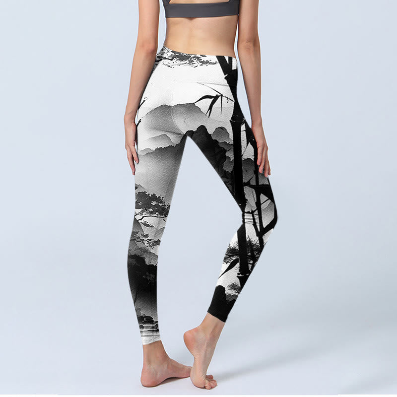 Buddha Stones, Tuschmalerei, Bambus, Kiefer, Berglandschaft, Druck, Gymnastik-Leggings, Damen-Yogahose - image 4