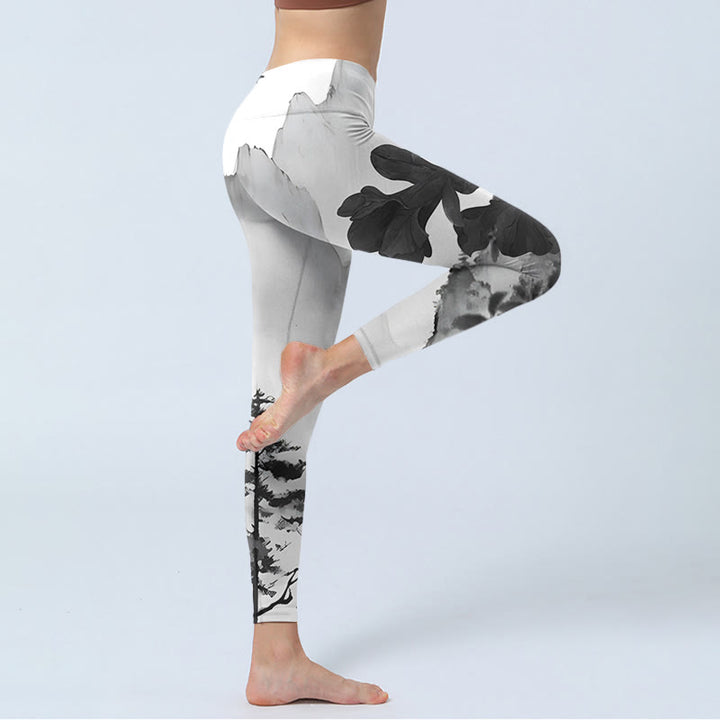 Buddha Stones, Tuschemalerei, Bäume, Berge, Landschaftsdruck, Gym-Leggings, Damen-Yogahose