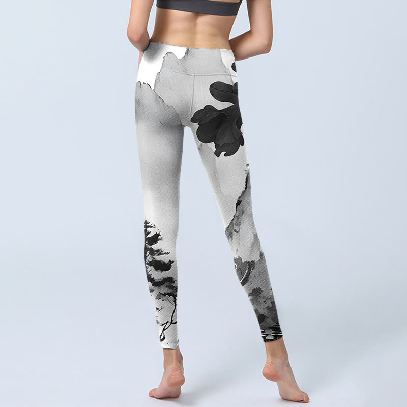 Buddha Stones, Tuschemalerei, Bäume, Berge, Landschaftsdruck, Gym-Leggings, Damen-Yogahose - image 7