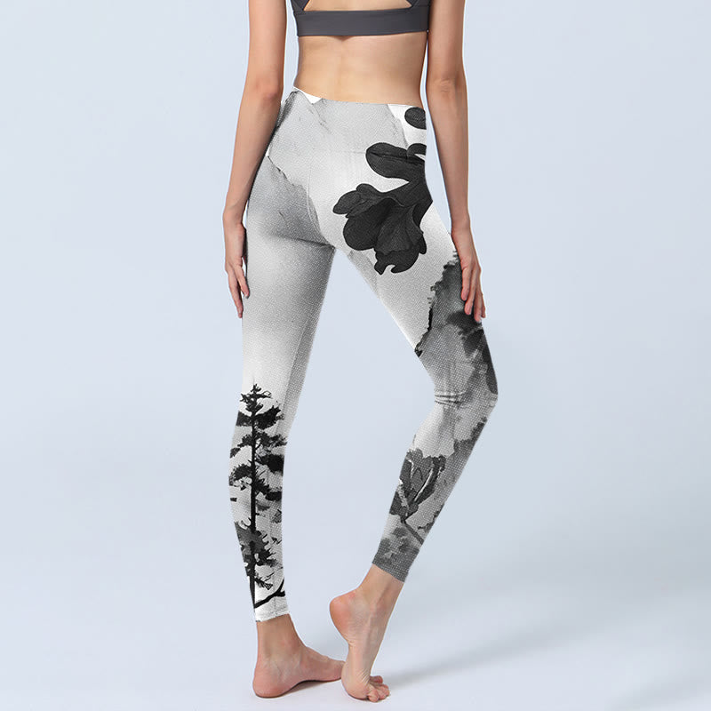 Buddha Stones, Tuschemalerei, Bäume, Berge, Landschaftsdruck, Gym-Leggings, Damen-Yogahose - image 5