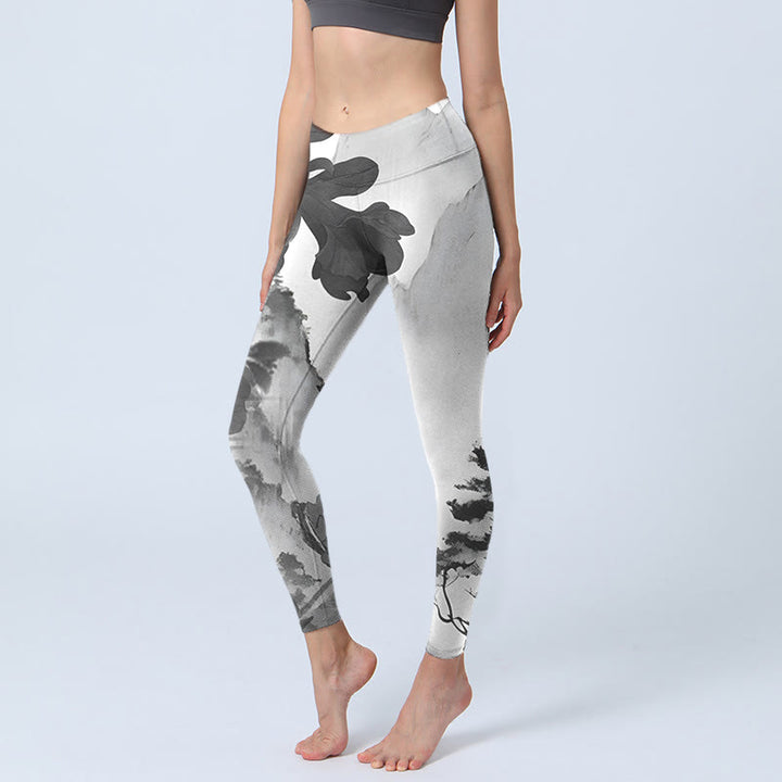 Buddha Stones, Tuschemalerei, Bäume, Berge, Landschaftsdruck, Gym-Leggings, Damen-Yogahose - Weißer Rauch - US18， UK/AU22，EU50 (4XL) - image 1