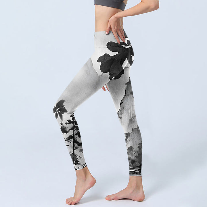 Buddha Stones, Tuschemalerei, Bäume, Berge, Landschaftsdruck, Gym-Leggings, Damen-Yogahose