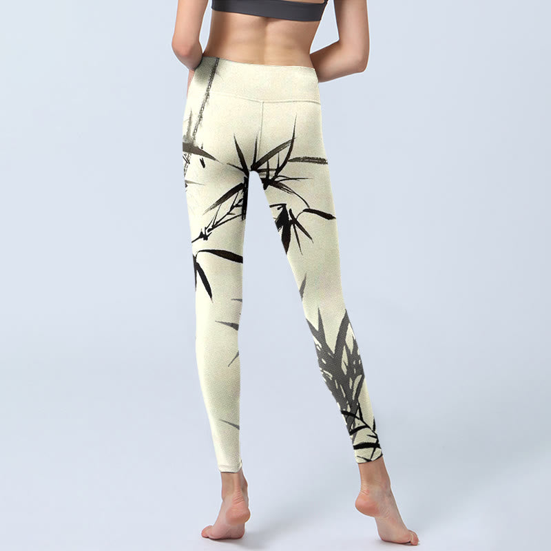 Buddha Stones, Tuschmalerei, Bambusblätter-Druck, Sport-Leggings, Damen-Yogahose