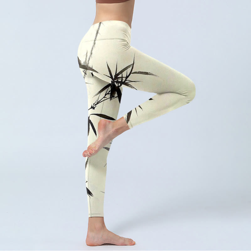 Buddha Stones, Tuschmalerei, Bambusblätter-Druck, Sport-Leggings, Damen-Yogahose