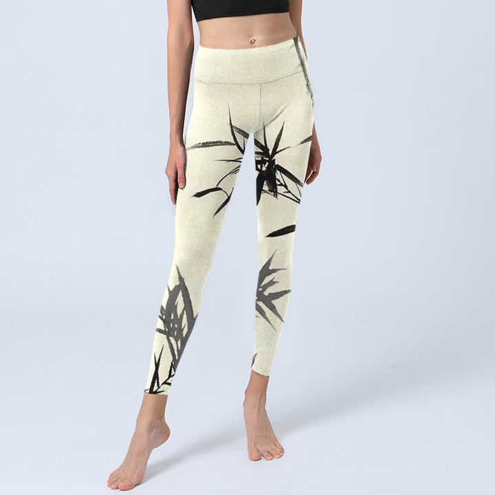 Buddha Stones, Tuschmalerei, Bambusblätter-Druck, Sport-Leggings, Damen-Yogahose