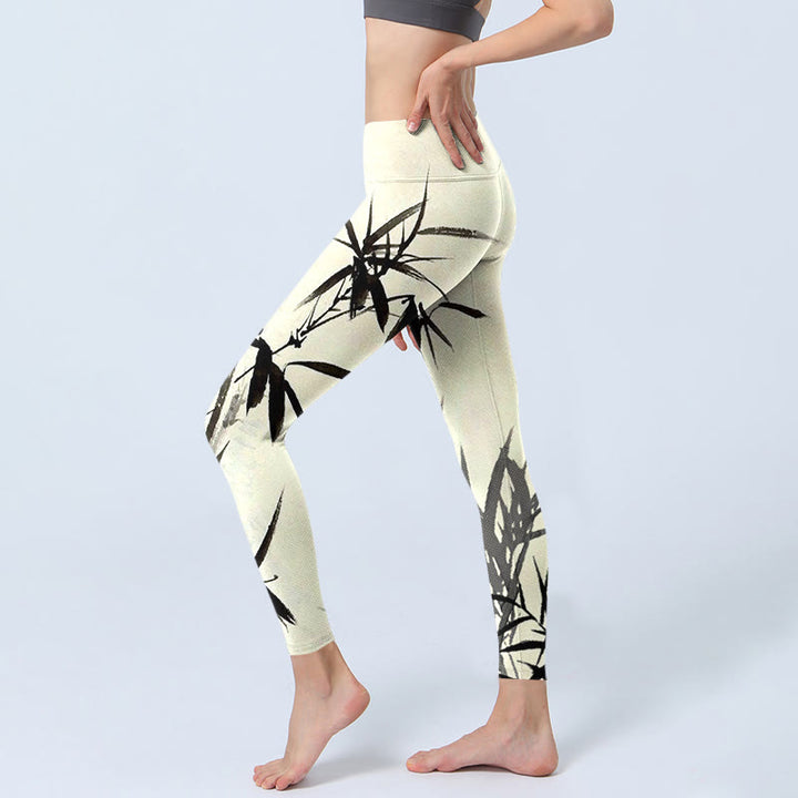 Buddha Stones, Tuschmalerei, Bambusblätter-Druck, Sport-Leggings, Damen-Yogahose - image 4