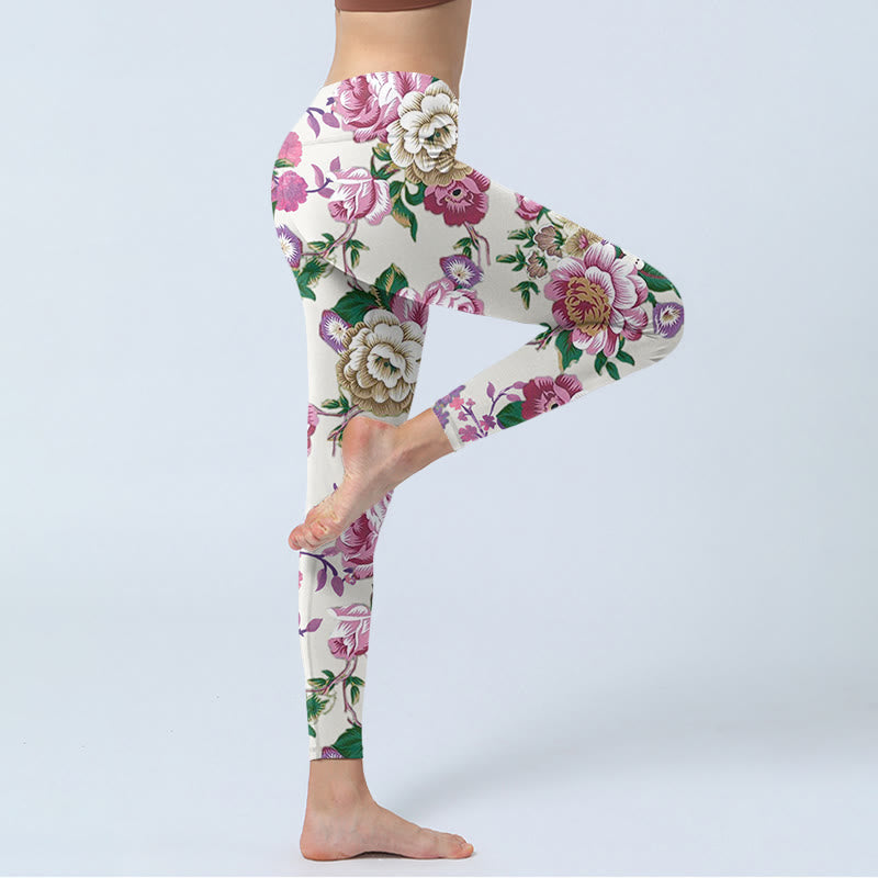 Buddha Stones Rot Weiß Pfingstrose Blumendruck Sport Leggings Damen Yogahose