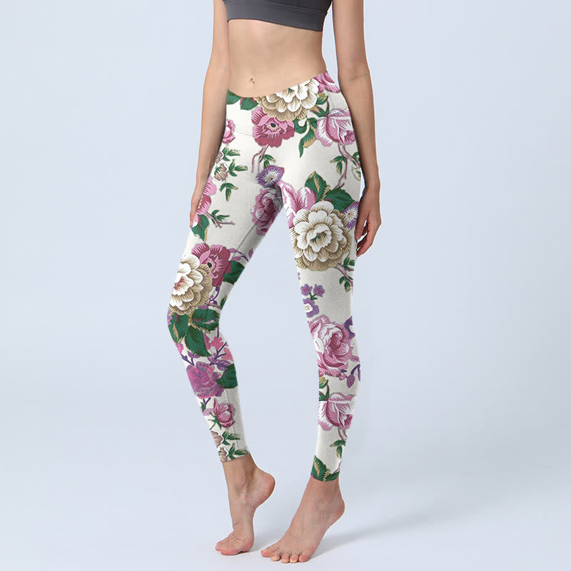Buddha Stones Rot Weiß Pfingstrose Blumendruck Sport Leggings Damen Yogahose - Muschel - US18， UK/AU22，EU50 (4XL) - image 1